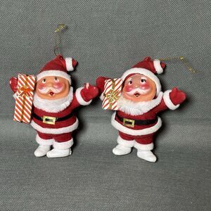Vntg Flocked Santa Claus Christmas Tree Ornament Dancing Santa w/present-Lot 2